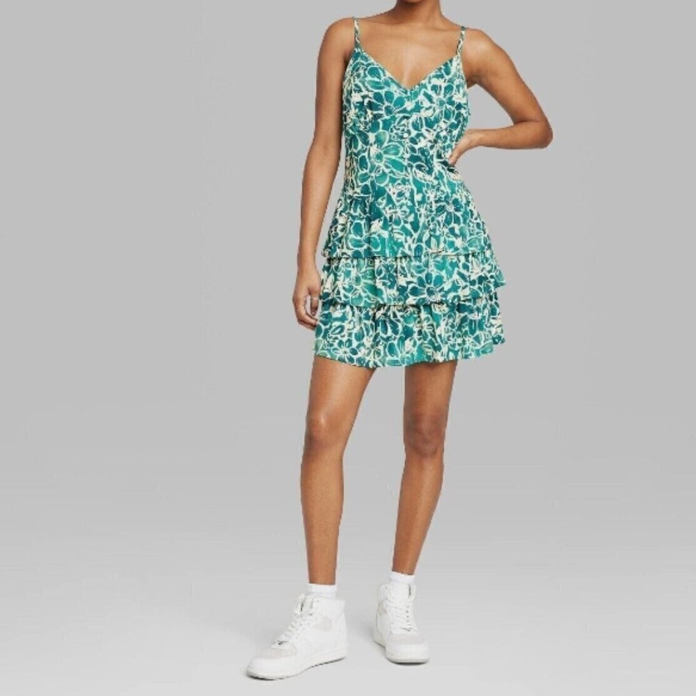 NWT Wild Fable Sleeveless Corset Tiered Fit & Flared Dress, Turquoise Floral